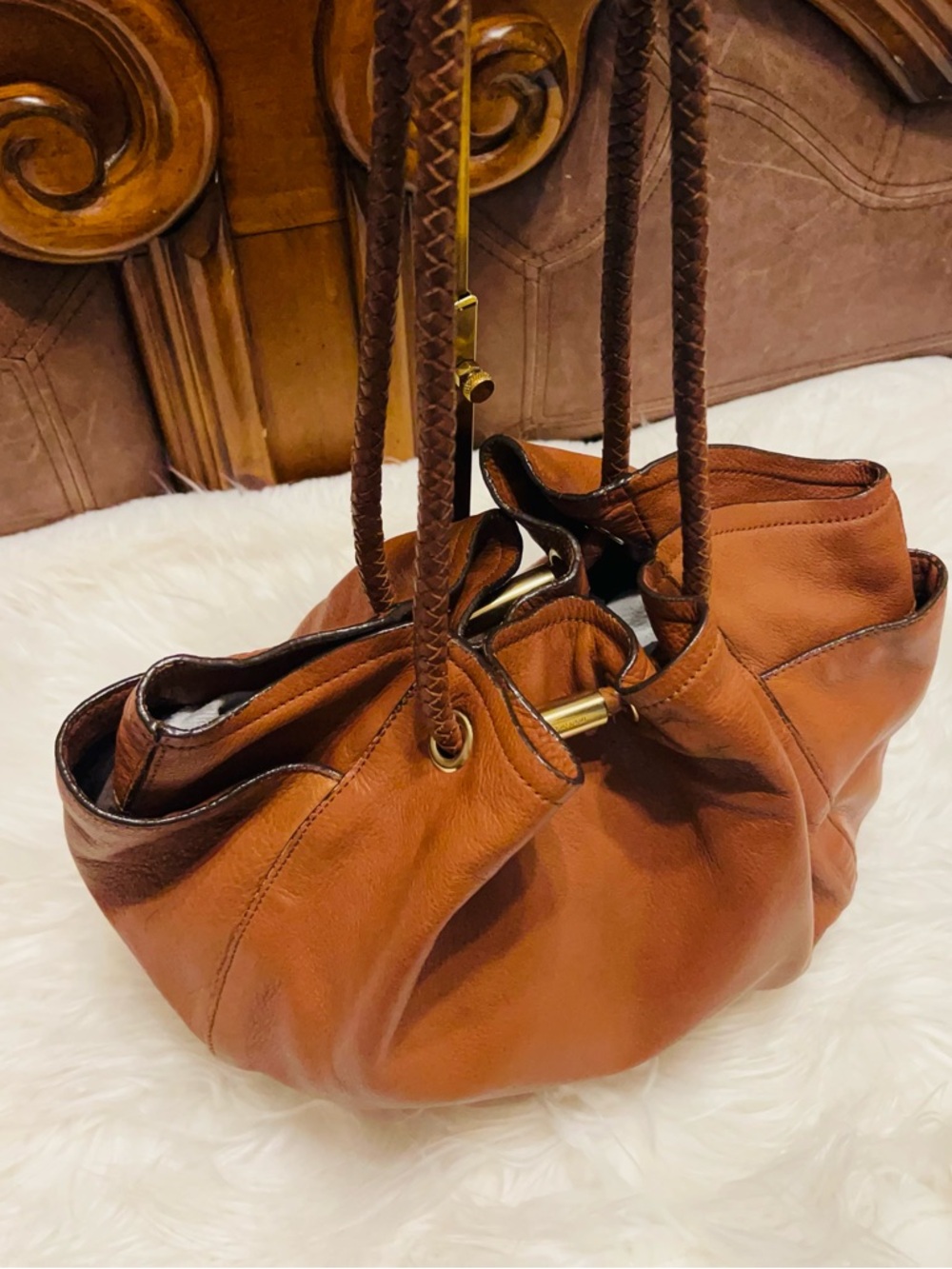 ANTONIO MELANI Tan Leather Tote with Braided Handles - Picture 5 of 10